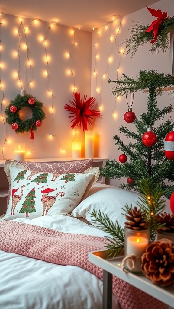 A cozy Christmas room decorated with lights, pillows, a tree, and candles.